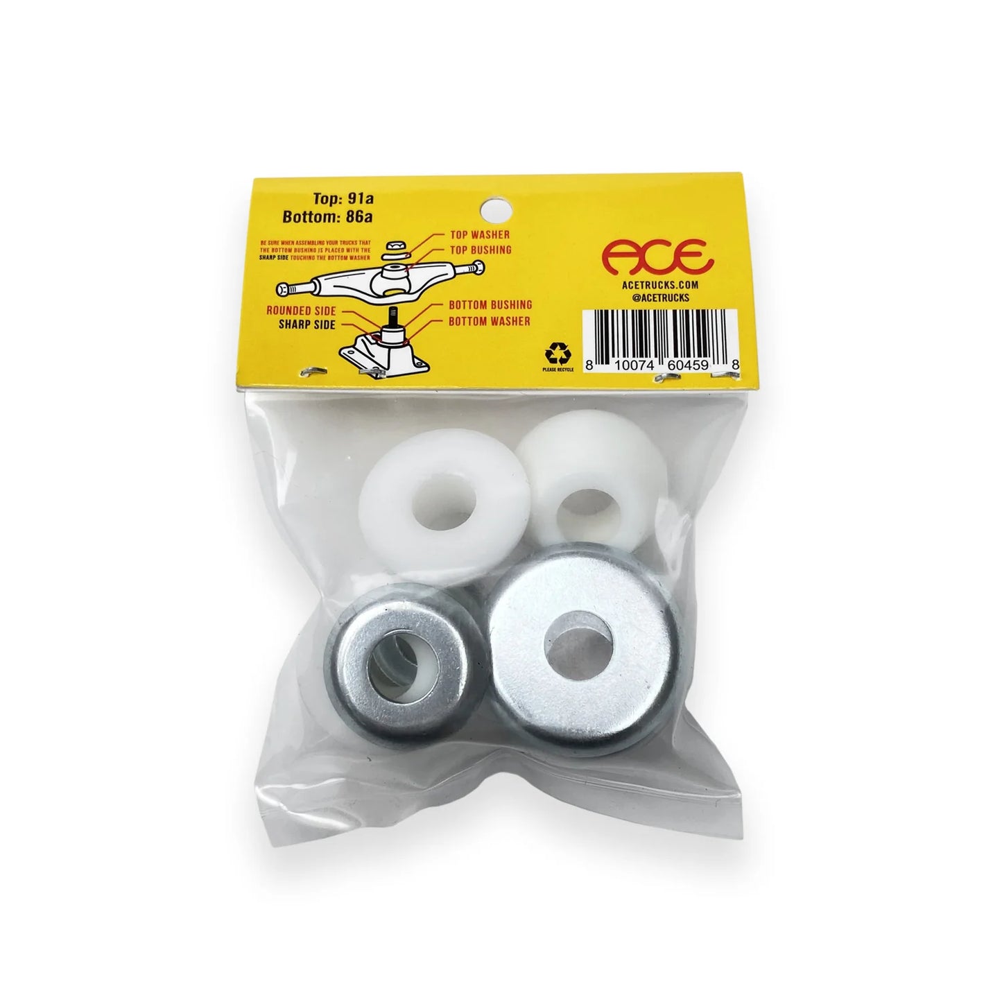 A clear plastic bag containing four skateboard bushings, with two white round bushings on top and two silver metal round bushings below. The package has a bright yellow header card with product details and the brand name 'ACE'.
