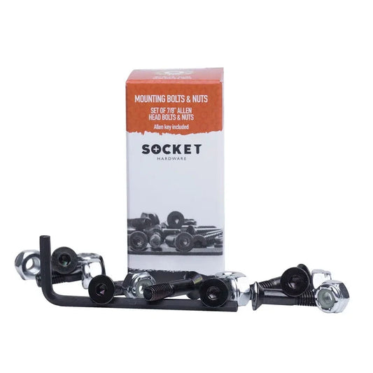 Socket Hardware mounting bolts and nuts set displayed in front of their retail packaging box on a solid white background.